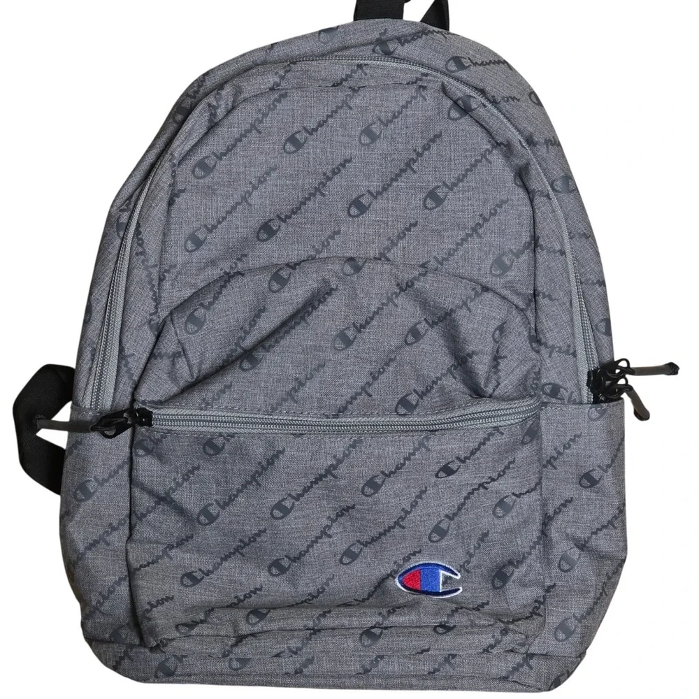 Champion Backpack Gray All Over Logo Embroidered School Travel 10